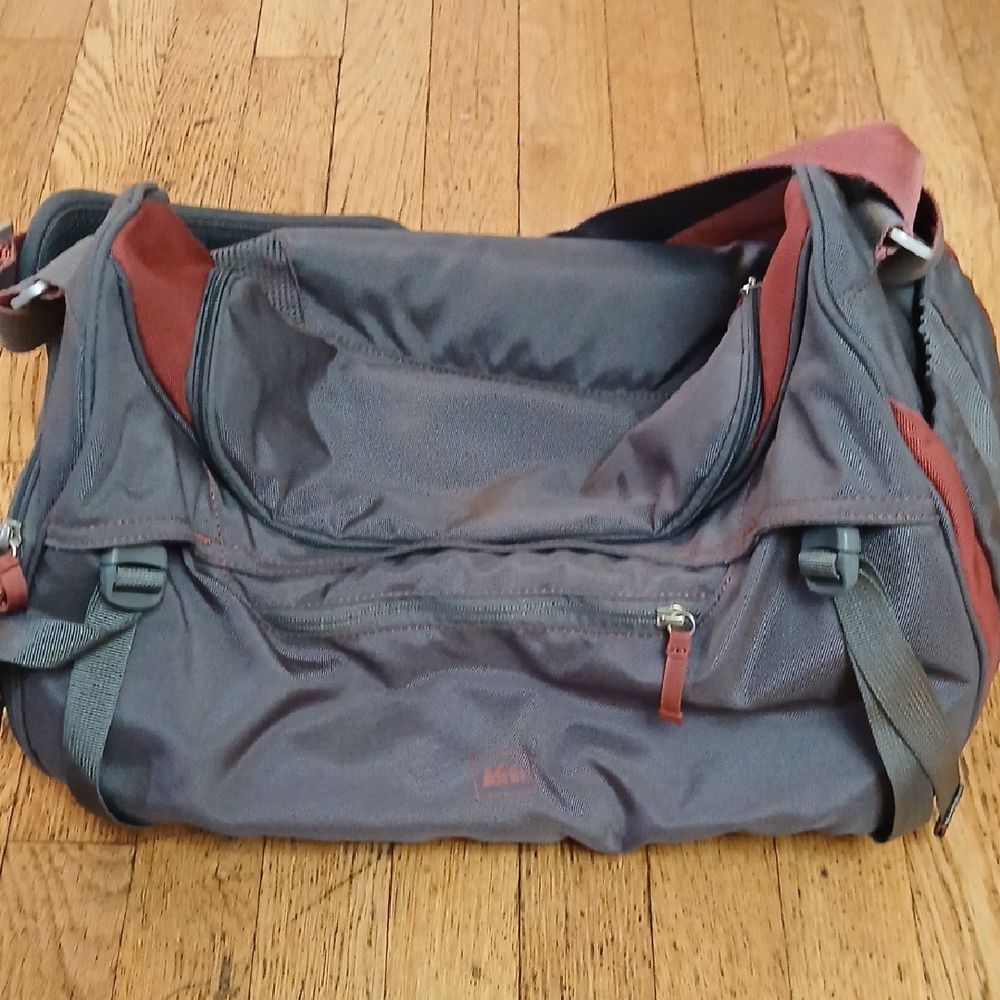 REI Gray and Red Small Duffel Bag